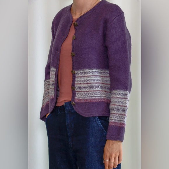 Tally Ho Vintage Fairisle Wool Cardigan Sweater Purple sz Small - Picture 4 of 6
